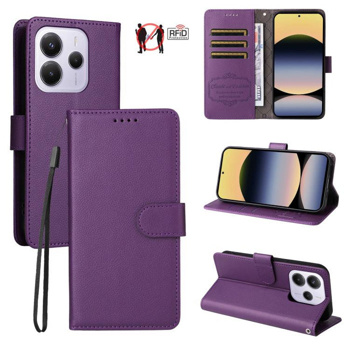 Funda de cuero para teléfono con forma de cartera de 3 tarjetas con bloqueo RFID y textura de lichi, For Redmi K80 / Poco F7 Pro, For Redmi 14C 4G / 5G / 14R / Poco M7, For Redmi Note 14 4G Global 164.84mm, For Redmi Note 14 Pro 5G / 14 Pro+ 5G        ...