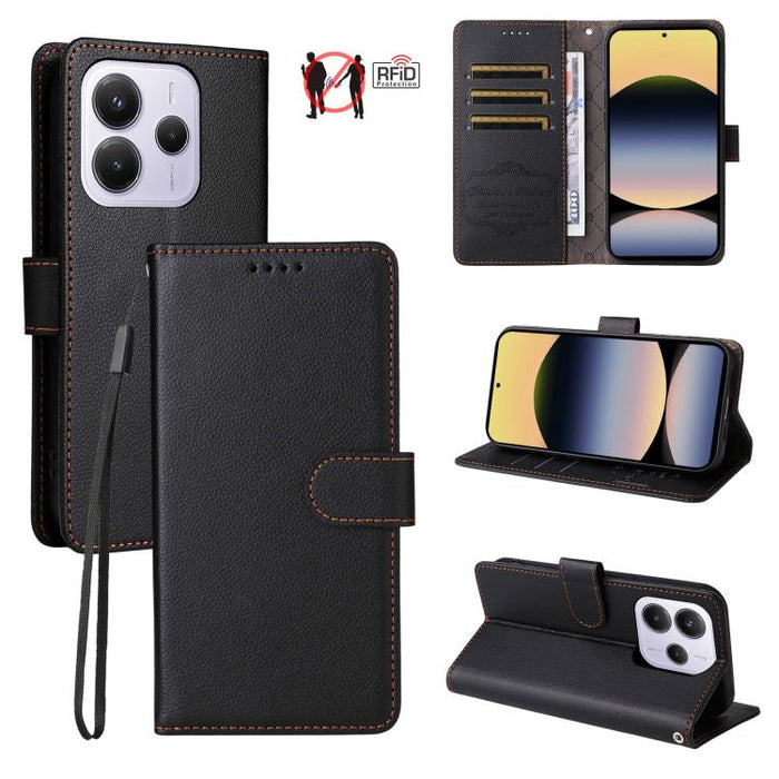 Funda de cuero para teléfono con forma de cartera de 3 tarjetas con bloqueo RFID y textura de lichi, For Redmi K80 / Poco F7 Pro, For Redmi 14C 4G / 5G / 14R / Poco M7, For Redmi Note 14 4G Global 164.84mm, For Redmi Note 14 Pro 5G / 14 Pro+ 5G        ...