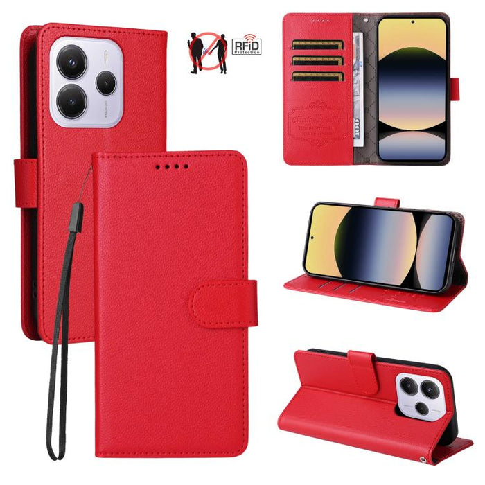 Funda de cuero para teléfono con forma de cartera de 3 tarjetas con bloqueo RFID y textura de lichi, For Redmi K80 / Poco F7 Pro, For Redmi 14C 4G / 5G / 14R / Poco M7, For Redmi Note 14 4G Global 164.84mm, For Redmi Note 14 Pro 5G / 14 Pro+ 5G        ...