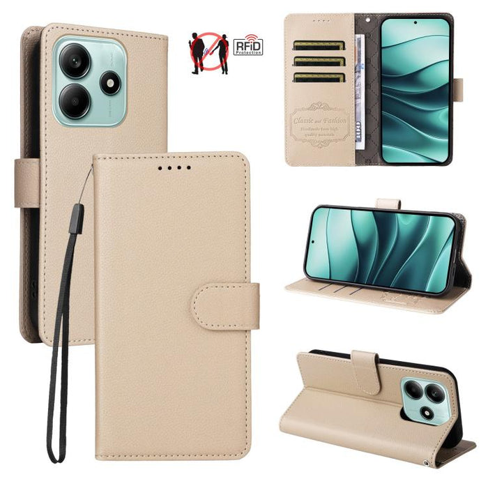 Funda de cuero para teléfono con forma de cartera de 3 tarjetas con bloqueo RFID y textura de lichi, For Redmi K80 / Poco F7 Pro, For Redmi 14C 4G / 5G / 14R / Poco M7, For Redmi Note 14 4G Global 164.84mm, For Redmi Note 14 Pro 5G / 14 Pro+ 5G        ...