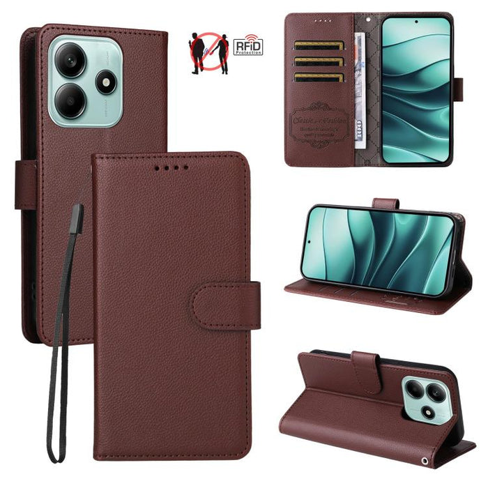 Funda de cuero para teléfono con forma de cartera de 3 tarjetas con bloqueo RFID y textura de lichi, For Redmi K80 / Poco F7 Pro, For Redmi 14C 4G / 5G / 14R / Poco M7, For Redmi Note 14 4G Global 164.84mm, For Redmi Note 14 Pro 5G / 14 Pro+ 5G        ...