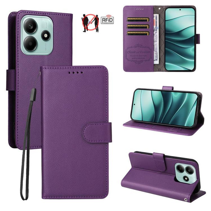 Funda de cuero para teléfono con forma de cartera de 3 tarjetas con bloqueo RFID y textura de lichi, For Redmi K80 / Poco F7 Pro, For Redmi 14C 4G / 5G / 14R / Poco M7, For Redmi Note 14 4G Global 164.84mm, For Redmi Note 14 Pro 5G / 14 Pro+ 5G        ...