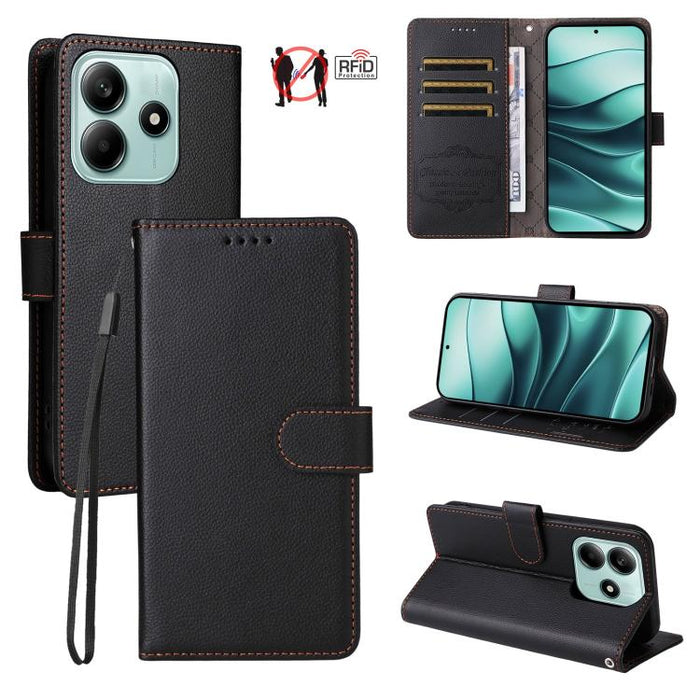 Funda de cuero para teléfono con forma de cartera de 3 tarjetas con bloqueo RFID y textura de lichi, For Redmi K80 / Poco F7 Pro, For Redmi 14C 4G / 5G / 14R / Poco M7, For Redmi Note 14 4G Global 164.84mm, For Redmi Note 14 Pro 5G / 14 Pro+ 5G        ...