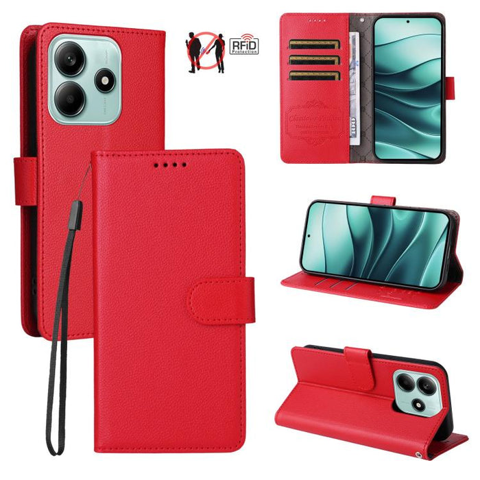 Funda de cuero para teléfono con forma de cartera de 3 tarjetas con bloqueo RFID y textura de lichi, For Redmi K80 / Poco F7 Pro, For Redmi 14C 4G / 5G / 14R / Poco M7, For Redmi Note 14 4G Global 164.84mm, For Redmi Note 14 Pro 5G / 14 Pro+ 5G        ...