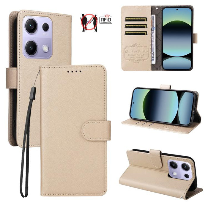 Funda de cuero para teléfono con forma de cartera de 3 tarjetas con bloqueo RFID y textura de lichi, For Redmi K80 / Poco F7 Pro, For Redmi 14C 4G / 5G / 14R / Poco M7, For Redmi Note 14 4G Global 164.84mm, For Redmi Note 14 Pro 5G / 14 Pro+ 5G        ...