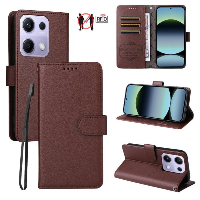 Funda de cuero para teléfono con forma de cartera de 3 tarjetas con bloqueo RFID y textura de lichi, For Redmi K80 / Poco F7 Pro, For Redmi 14C 4G / 5G / 14R / Poco M7, For Redmi Note 14 4G Global 164.84mm, For Redmi Note 14 Pro 5G / 14 Pro+ 5G        ...
