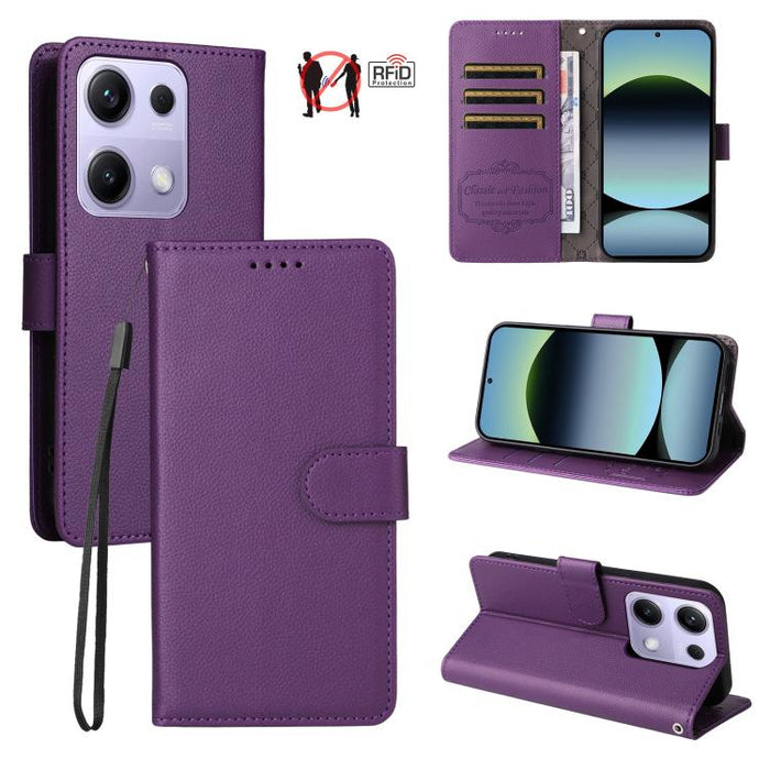 Funda de cuero para teléfono con forma de cartera de 3 tarjetas con bloqueo RFID y textura de lichi, For Redmi K80 / Poco F7 Pro, For Redmi 14C 4G / 5G / 14R / Poco M7, For Redmi Note 14 4G Global 164.84mm, For Redmi Note 14 Pro 5G / 14 Pro+ 5G        ...