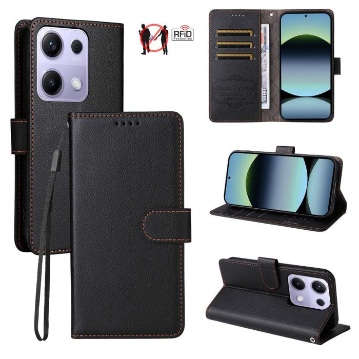 Funda de cuero para teléfono con forma de cartera de 3 tarjetas con bloqueo RFID y textura de lichi, For Redmi K80 / Poco F7 Pro, For Redmi 14C 4G / 5G / 14R / Poco M7, For Redmi Note 14 4G Global 164.84mm, For Redmi Note 14 Pro 5G / 14 Pro+ 5G        ...