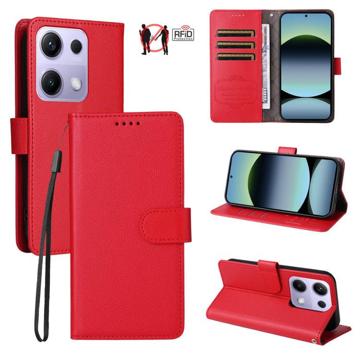 Funda de cuero para teléfono con forma de cartera de 3 tarjetas con bloqueo RFID y textura de lichi, For Redmi K80 / Poco F7 Pro, For Redmi 14C 4G / 5G / 14R / Poco M7, For Redmi Note 14 4G Global 164.84mm, For Redmi Note 14 Pro 5G / 14 Pro+ 5G        ...