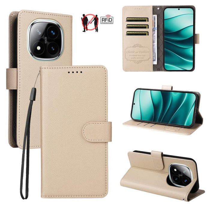 Funda de cuero para teléfono con forma de cartera de 3 tarjetas con bloqueo RFID y textura de lichi, For Redmi K80 / Poco F7 Pro, For Redmi 14C 4G / 5G / 14R / Poco M7, For Redmi Note 14 4G Global 164.84mm, For Redmi Note 14 Pro 5G / 14 Pro+ 5G        ...