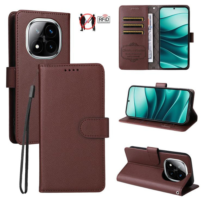 Funda de cuero para teléfono con forma de cartera de 3 tarjetas con bloqueo RFID y textura de lichi, For Redmi K80 / Poco F7 Pro, For Redmi 14C 4G / 5G / 14R / Poco M7, For Redmi Note 14 4G Global 164.84mm, For Redmi Note 14 Pro 5G / 14 Pro+ 5G        ...