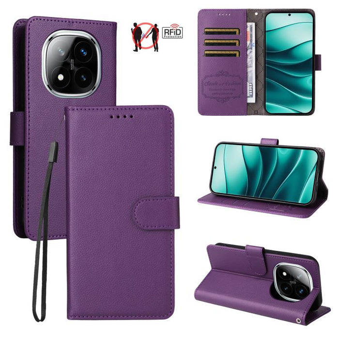 Funda de cuero para teléfono con forma de cartera de 3 tarjetas con bloqueo RFID y textura de lichi, For Redmi K80 / Poco F7 Pro, For Redmi 14C 4G / 5G / 14R / Poco M7, For Redmi Note 14 4G Global 164.84mm, For Redmi Note 14 Pro 5G / 14 Pro+ 5G        ...