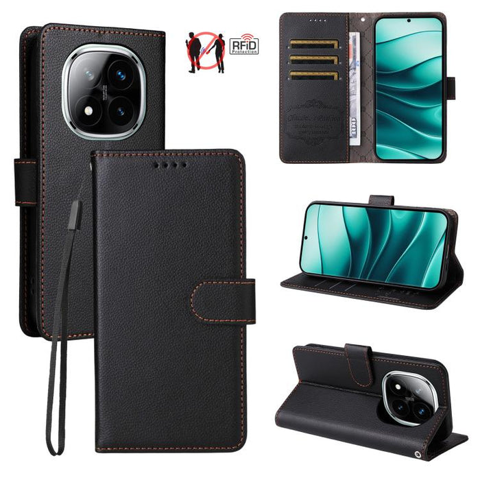 Funda de cuero para teléfono con forma de cartera de 3 tarjetas con bloqueo RFID y textura de lichi, For Redmi K80 / Poco F7 Pro, For Redmi 14C 4G / 5G / 14R / Poco M7, For Redmi Note 14 4G Global 164.84mm, For Redmi Note 14 Pro 5G / 14 Pro+ 5G        ...