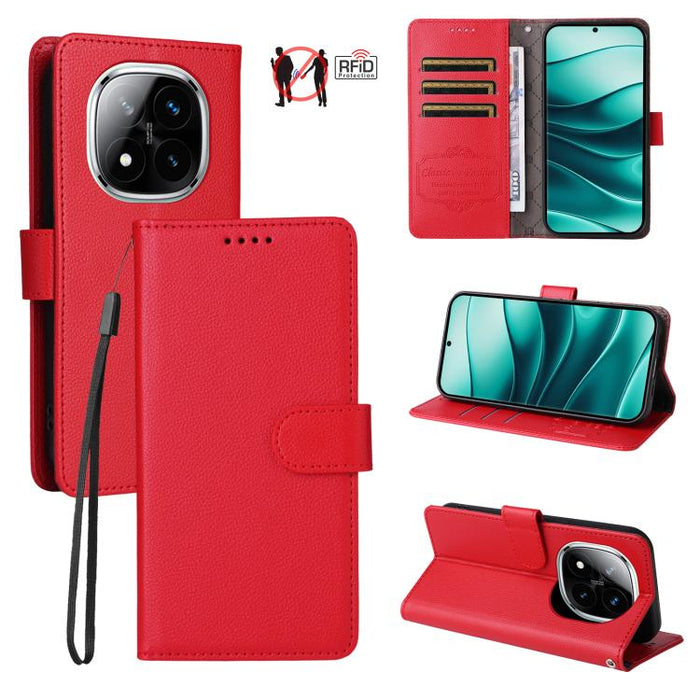 Funda de cuero para teléfono con forma de cartera de 3 tarjetas con bloqueo RFID y textura de lichi, For Redmi K80 / Poco F7 Pro, For Redmi 14C 4G / 5G / 14R / Poco M7, For Redmi Note 14 4G Global 164.84mm, For Redmi Note 14 Pro 5G / 14 Pro+ 5G        ...