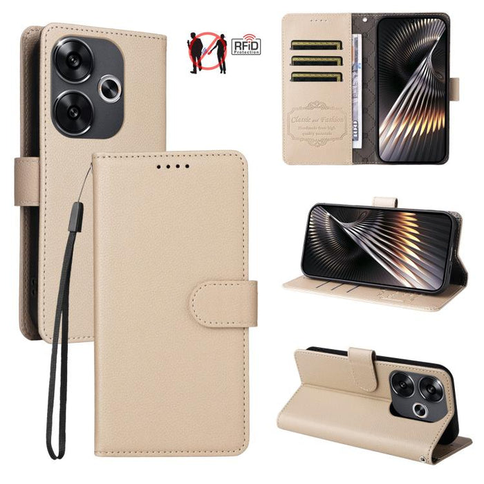 Funda de cuero para teléfono con forma de cartera de 3 tarjetas con bloqueo RFID y textura de lichi, For Redmi K80 / Poco F7 Pro, For Redmi 14C 4G / 5G / 14R / Poco M7, For Redmi Note 14 4G Global 164.84mm, For Redmi Note 14 Pro 5G / 14 Pro+ 5G        ...