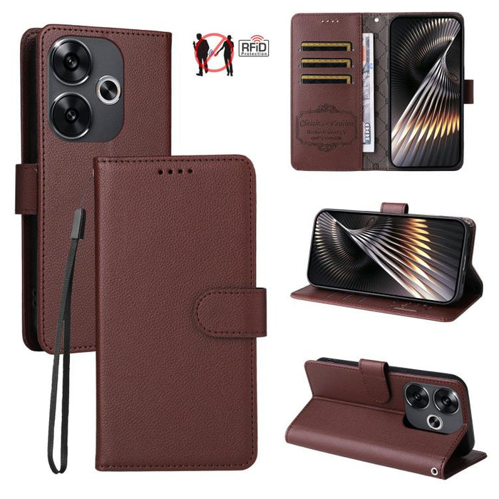 Funda de cuero para teléfono con forma de cartera de 3 tarjetas con bloqueo RFID y textura de lichi, For Redmi K80 / Poco F7 Pro, For Redmi 14C 4G / 5G / 14R / Poco M7, For Redmi Note 14 4G Global 164.84mm, For Redmi Note 14 Pro 5G / 14 Pro+ 5G        ...