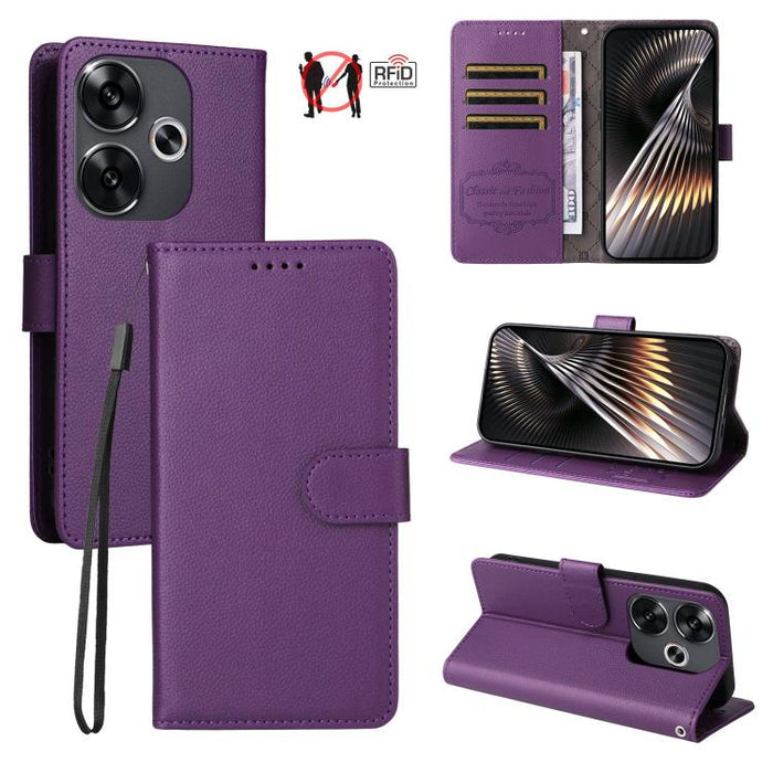 Funda de cuero para teléfono con forma de cartera de 3 tarjetas con bloqueo RFID y textura de lichi, For Redmi K80 / Poco F7 Pro, For Redmi 14C 4G / 5G / 14R / Poco M7, For Redmi Note 14 4G Global 164.84mm, For Redmi Note 14 Pro 5G / 14 Pro+ 5G        ...