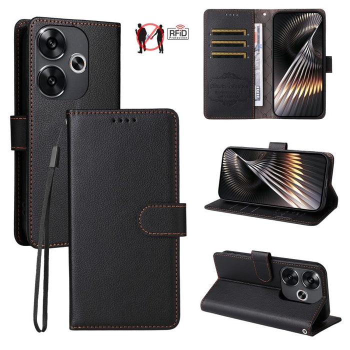 Funda de cuero para teléfono con forma de cartera de 3 tarjetas con bloqueo RFID y textura de lichi, For Redmi K80 / Poco F7 Pro, For Redmi 14C 4G / 5G / 14R / Poco M7, For Redmi Note 14 4G Global 164.84mm, For Redmi Note 14 Pro 5G / 14 Pro+ 5G        ...