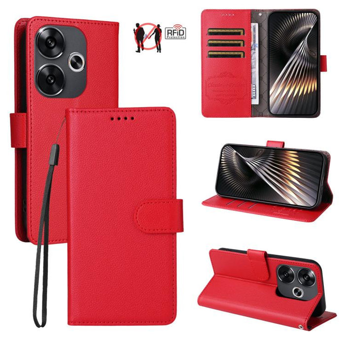 Funda de cuero para teléfono con forma de cartera de 3 tarjetas con bloqueo RFID y textura de lichi, For Redmi K80 / Poco F7 Pro, For Redmi 14C 4G / 5G / 14R / Poco M7, For Redmi Note 14 4G Global 164.84mm, For Redmi Note 14 Pro 5G / 14 Pro+ 5G        ...
