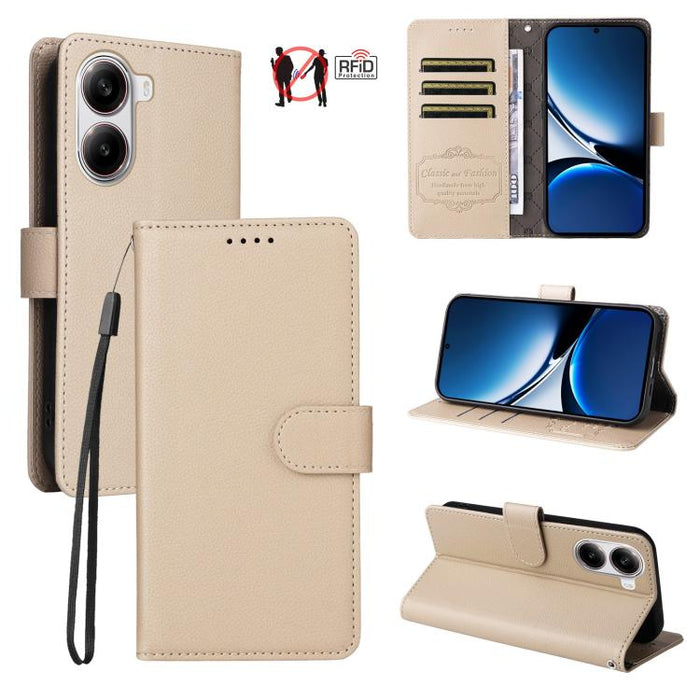 Funda de cuero para teléfono con forma de cartera de 3 tarjetas con bloqueo RFID y textura de lichi, For Redmi K80 / Poco F7 Pro, For Redmi 14C 4G / 5G / 14R / Poco M7, For Redmi Note 14 4G Global 164.84mm, For Redmi Note 14 Pro 5G / 14 Pro+ 5G        ...