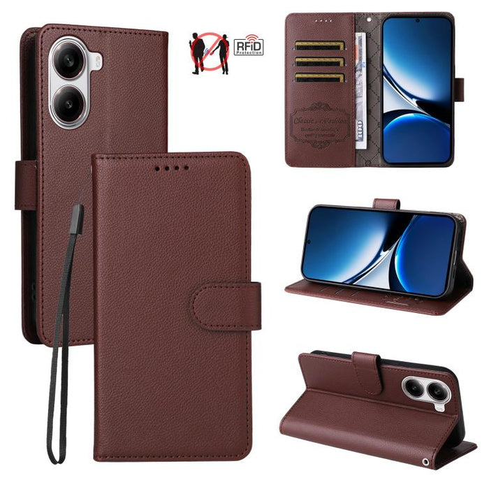 Funda de cuero para teléfono con forma de cartera de 3 tarjetas con bloqueo RFID y textura de lichi, For Redmi K80 / Poco F7 Pro, For Redmi 14C 4G / 5G / 14R / Poco M7, For Redmi Note 14 4G Global 164.84mm, For Redmi Note 14 Pro 5G / 14 Pro+ 5G        ...