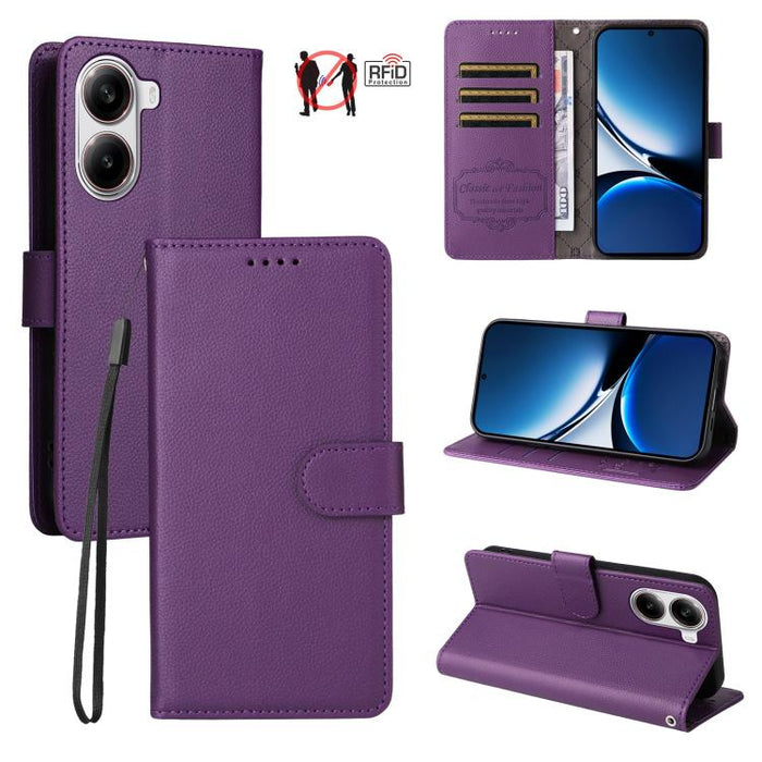 Funda de cuero para teléfono con forma de cartera de 3 tarjetas con bloqueo RFID y textura de lichi, For Redmi K80 / Poco F7 Pro, For Redmi 14C 4G / 5G / 14R / Poco M7, For Redmi Note 14 4G Global 164.84mm, For Redmi Note 14 Pro 5G / 14 Pro+ 5G        ...