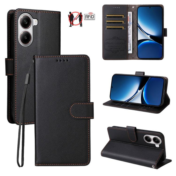 Funda de cuero para teléfono con forma de cartera de 3 tarjetas con bloqueo RFID y textura de lichi, For Redmi K80 / Poco F7 Pro, For Redmi 14C 4G / 5G / 14R / Poco M7, For Redmi Note 14 4G Global 164.84mm, For Redmi Note 14 Pro 5G / 14 Pro+ 5G        ...