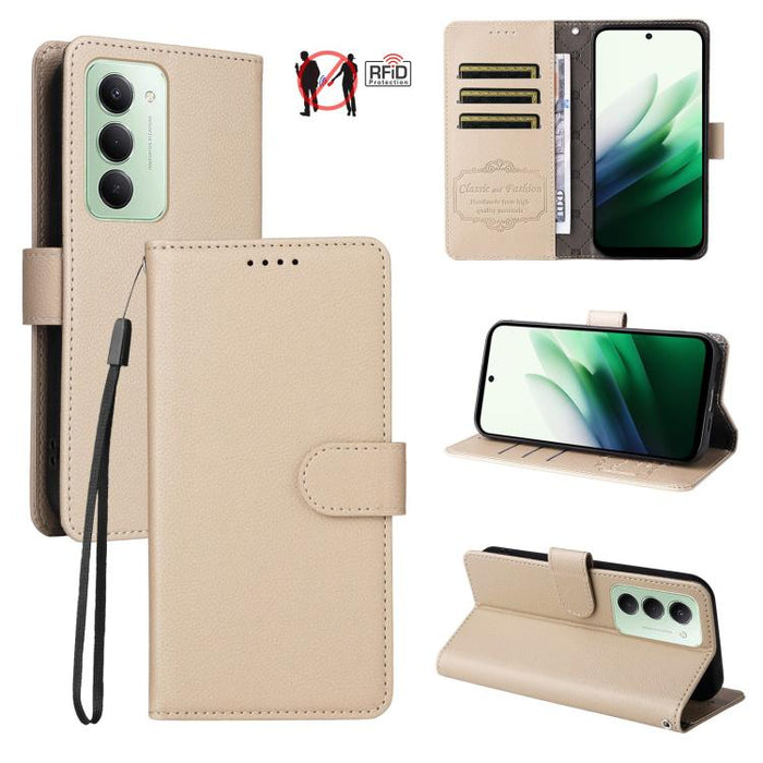 Funda de cuero para teléfono con forma de cartera de 3 tarjetas con bloqueo RFID y textura de lichi, For Redmi 15a 5G, For Redmi Turbo 5 Max 5G / Poco X8 Pro Max 5G, For Redmi Turbo 5 5G / Poco X8 Pro 5G, For Redmi Note 15 Pro+ 5G Global 163.3mm       ...