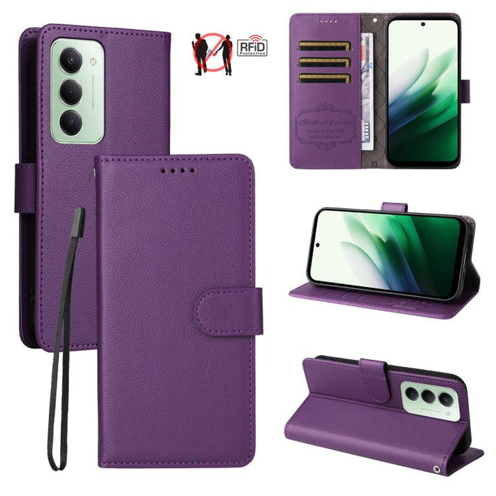 Funda de cuero para teléfono con forma de cartera de 3 tarjetas con bloqueo RFID y textura de lichi, For Redmi 15a 5G, For Redmi Turbo 5 Max 5G / Poco X8 Pro Max 5G, For Redmi Turbo 5 5G / Poco X8 Pro 5G, For Redmi Note 15 Pro+ 5G Global 163.3mm       ...