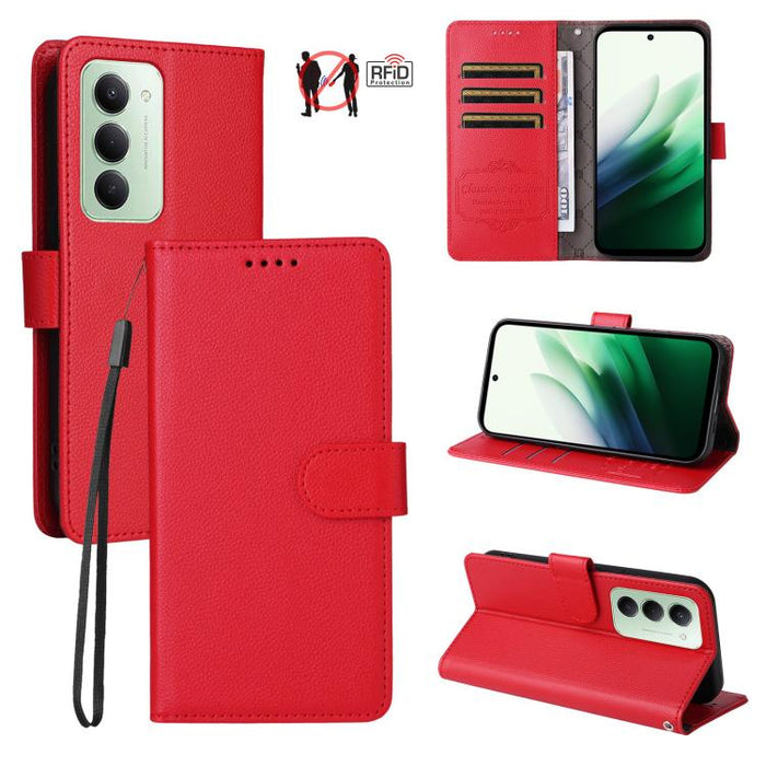 Funda de cuero para teléfono con forma de cartera de 3 tarjetas con bloqueo RFID y textura de lichi, For Redmi 15a 5G, For Redmi Turbo 5 Max 5G / Poco X8 Pro Max 5G, For Redmi Turbo 5 5G / Poco X8 Pro 5G, For Redmi Note 15 Pro+ 5G Global 163.3mm       ...