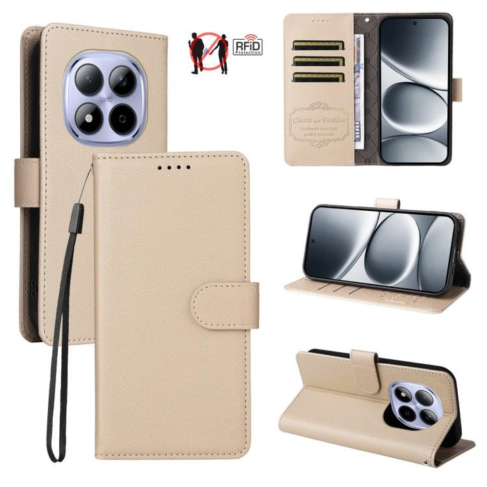 Funda de cuero para teléfono con forma de cartera de 3 tarjetas con bloqueo RFID y textura de lichi, For Redmi 15a 5G, For Redmi Turbo 5 Max 5G / Poco X8 Pro Max 5G, For Redmi Turbo 5 5G / Poco X8 Pro 5G, For Redmi Note 15 Pro+ 5G Global 163.3mm       ...