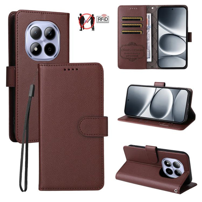 Funda de cuero para teléfono con forma de cartera de 3 tarjetas con bloqueo RFID y textura de lichi, For Redmi 15a 5G, For Redmi Turbo 5 Max 5G / Poco X8 Pro Max 5G, For Redmi Turbo 5 5G / Poco X8 Pro 5G, For Redmi Note 15 Pro+ 5G Global 163.3mm       ...