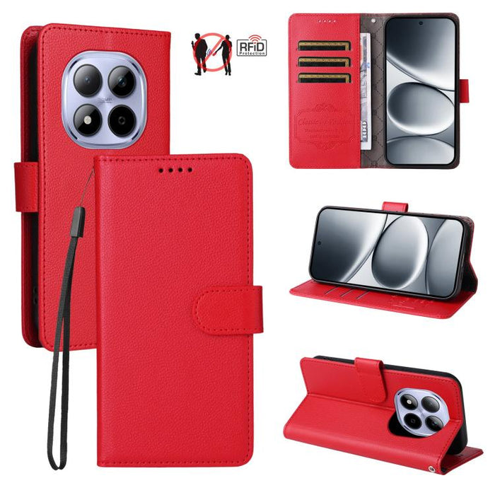 Funda de cuero para teléfono con forma de cartera de 3 tarjetas con bloqueo RFID y textura de lichi, For Redmi 15a 5G, For Redmi Turbo 5 Max 5G / Poco X8 Pro Max 5G, For Redmi Turbo 5 5G / Poco X8 Pro 5G, For Redmi Note 15 Pro+ 5G Global 163.3mm       ...
