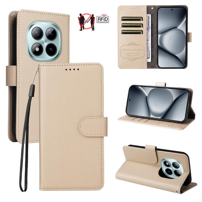 Funda de cuero para teléfono con forma de cartera de 3 tarjetas con bloqueo RFID y textura de lichi, For Redmi 15a 5G, For Redmi Turbo 5 Max 5G / Poco X8 Pro Max 5G, For Redmi Turbo 5 5G / Poco X8 Pro 5G, For Redmi Note 15 Pro+ 5G Global 163.3mm       ...