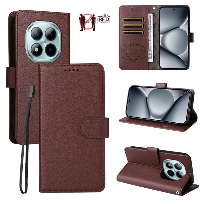 Funda de cuero para teléfono con forma de cartera de 3 tarjetas con bloqueo RFID y textura de lichi, For Redmi 15a 5G, For Redmi Turbo 5 Max 5G / Poco X8 Pro Max 5G, For Redmi Turbo 5 5G / Poco X8 Pro 5G, For Redmi Note 15 Pro+ 5G Global 163.3mm       ...