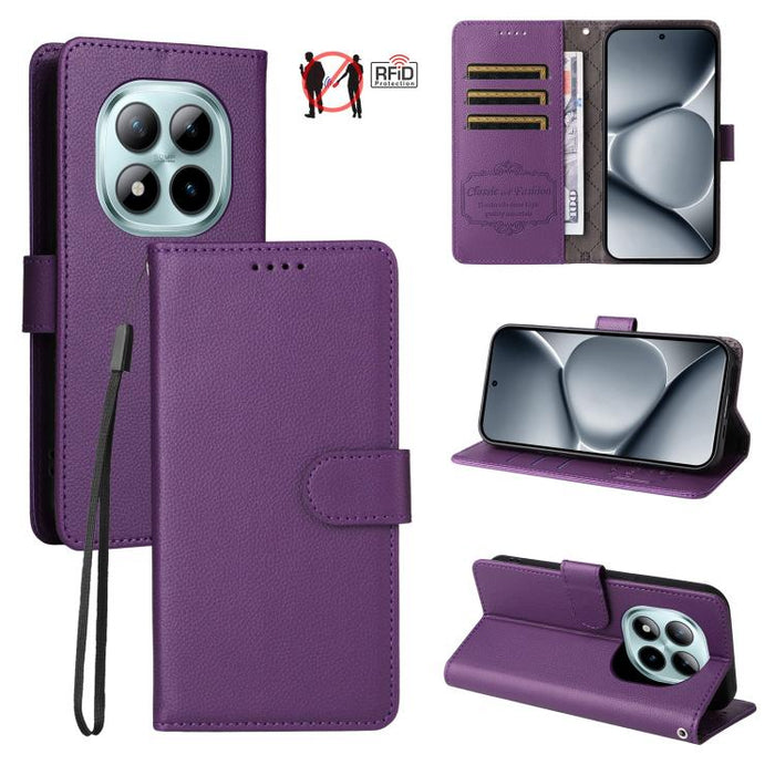 Funda de cuero para teléfono con forma de cartera de 3 tarjetas con bloqueo RFID y textura de lichi, For Redmi 15a 5G, For Redmi Turbo 5 Max 5G / Poco X8 Pro Max 5G, For Redmi Turbo 5 5G / Poco X8 Pro 5G, For Redmi Note 15 Pro+ 5G Global 163.3mm       ...