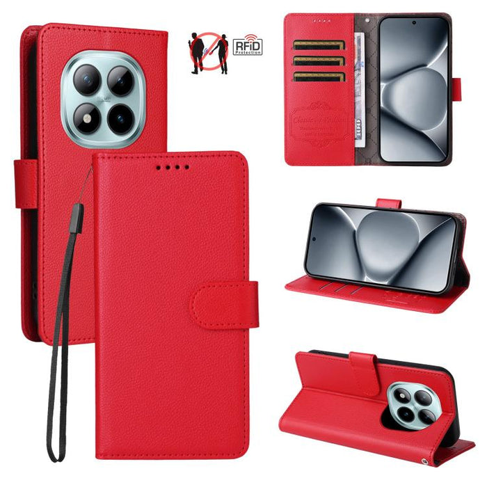 Funda de cuero para teléfono con forma de cartera de 3 tarjetas con bloqueo RFID y textura de lichi, For Redmi 15a 5G, For Redmi Turbo 5 Max 5G / Poco X8 Pro Max 5G, For Redmi Turbo 5 5G / Poco X8 Pro 5G, For Redmi Note 15 Pro+ 5G Global 163.3mm       ...