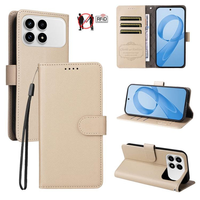 Funda de cuero para teléfono con forma de cartera de 3 tarjetas con bloqueo RFID y textura de lichi, For Redmi 15a 5G, For Redmi Turbo 5 Max 5G / Poco X8 Pro Max 5G, For Redmi Turbo 5 5G / Poco X8 Pro 5G, For Redmi Note 15 Pro+ 5G Global 163.3mm       ...