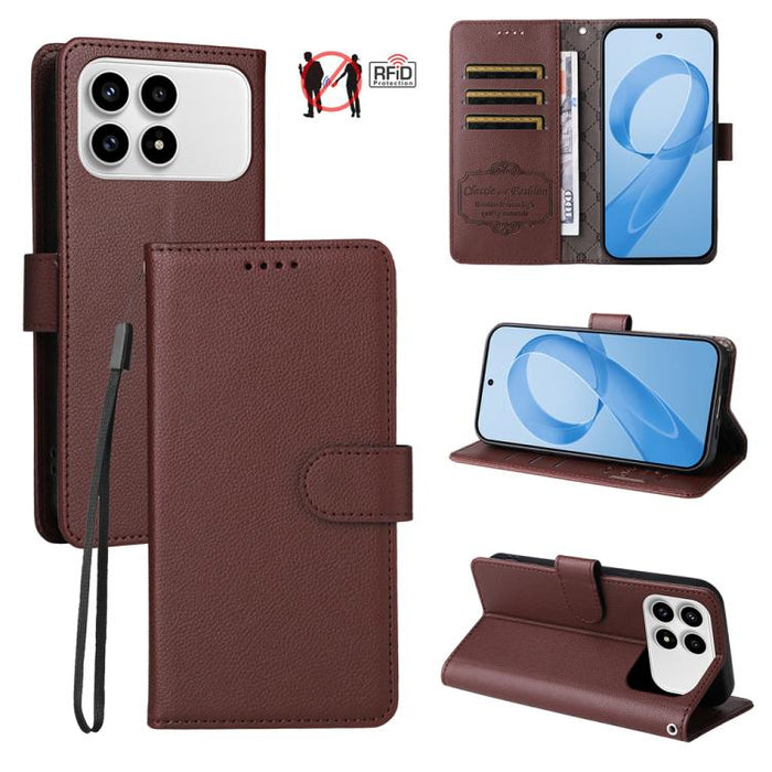 Funda de cuero para teléfono con forma de cartera de 3 tarjetas con bloqueo RFID y textura de lichi, For Redmi 15a 5G, For Redmi Turbo 5 Max 5G / Poco X8 Pro Max 5G, For Redmi Turbo 5 5G / Poco X8 Pro 5G, For Redmi Note 15 Pro+ 5G Global 163.3mm       ...