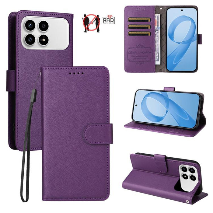 Funda de cuero para teléfono con forma de cartera de 3 tarjetas con bloqueo RFID y textura de lichi, For Redmi 15a 5G, For Redmi Turbo 5 Max 5G / Poco X8 Pro Max 5G, For Redmi Turbo 5 5G / Poco X8 Pro 5G, For Redmi Note 15 Pro+ 5G Global 163.3mm       ...