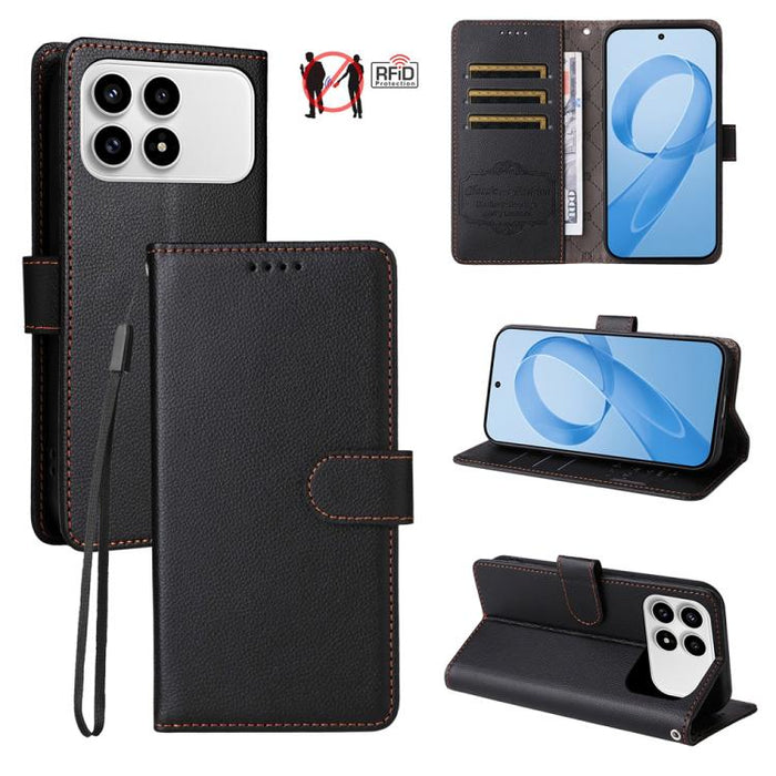 Funda de cuero para teléfono con forma de cartera de 3 tarjetas con bloqueo RFID y textura de lichi, For Redmi 15a 5G, For Redmi Turbo 5 Max 5G / Poco X8 Pro Max 5G, For Redmi Turbo 5 5G / Poco X8 Pro 5G, For Redmi Note 15 Pro+ 5G Global 163.3mm       ...