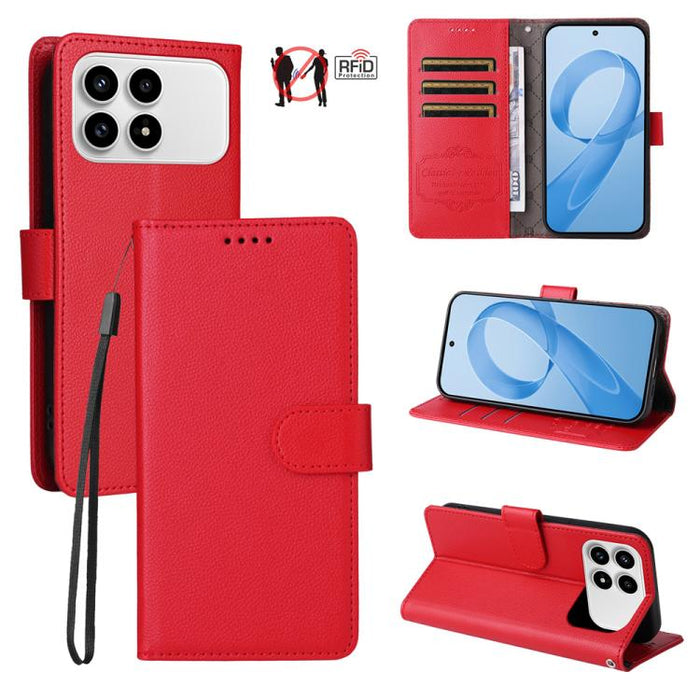 Funda de cuero para teléfono con forma de cartera de 3 tarjetas con bloqueo RFID y textura de lichi, For Redmi 15a 5G, For Redmi Turbo 5 Max 5G / Poco X8 Pro Max 5G, For Redmi Turbo 5 5G / Poco X8 Pro 5G, For Redmi Note 15 Pro+ 5G Global 163.3mm       ...