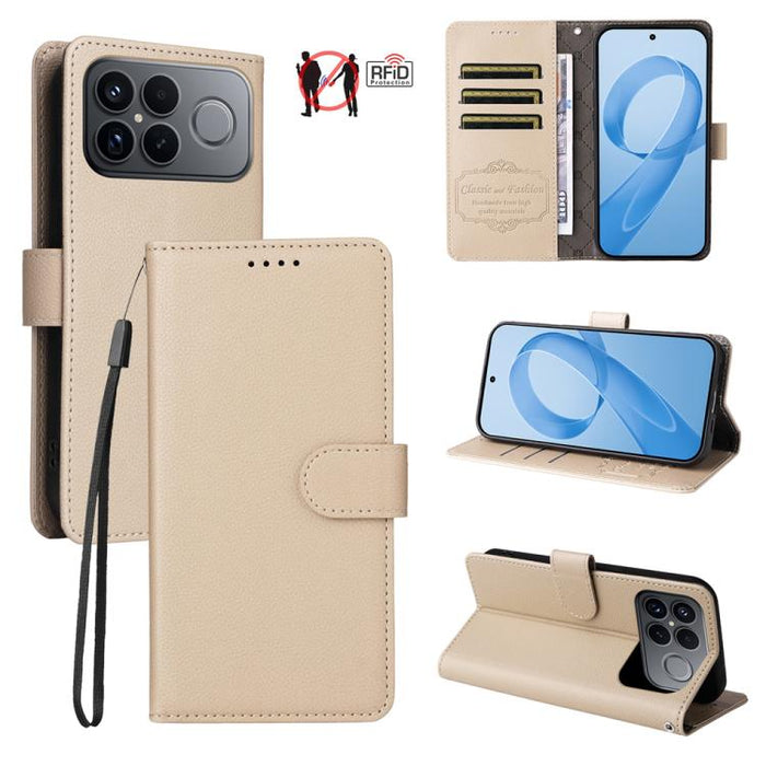 Funda de cuero para teléfono con forma de cartera de 3 tarjetas con bloqueo RFID y textura de lichi, For Redmi 15a 5G, For Redmi Turbo 5 Max 5G / Poco X8 Pro Max 5G, For Redmi Turbo 5 5G / Poco X8 Pro 5G, For Redmi Note 15 Pro+ 5G Global 163.3mm       ...