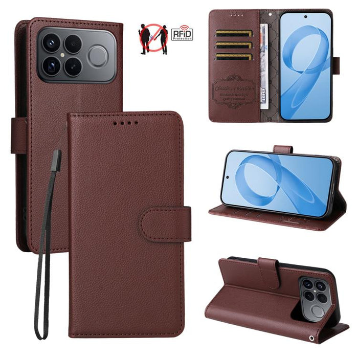 Funda de cuero para teléfono con forma de cartera de 3 tarjetas con bloqueo RFID y textura de lichi, For Redmi 15a 5G, For Redmi Turbo 5 Max 5G / Poco X8 Pro Max 5G, For Redmi Turbo 5 5G / Poco X8 Pro 5G, For Redmi Note 15 Pro+ 5G Global 163.3mm       ...