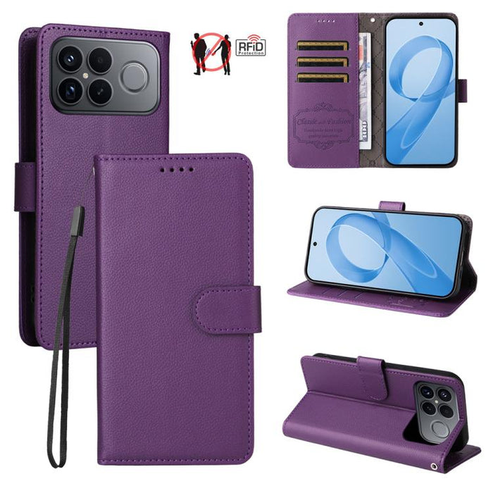 Funda de cuero para teléfono con forma de cartera de 3 tarjetas con bloqueo RFID y textura de lichi, For Redmi 15a 5G, For Redmi Turbo 5 Max 5G / Poco X8 Pro Max 5G, For Redmi Turbo 5 5G / Poco X8 Pro 5G, For Redmi Note 15 Pro+ 5G Global 163.3mm       ...