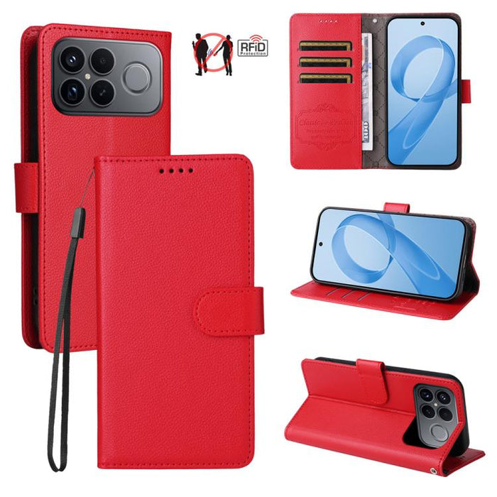 Funda de cuero para teléfono con forma de cartera de 3 tarjetas con bloqueo RFID y textura de lichi, For Redmi 15a 5G, For Redmi Turbo 5 Max 5G / Poco X8 Pro Max 5G, For Redmi Turbo 5 5G / Poco X8 Pro 5G, For Redmi Note 15 Pro+ 5G Global 163.3mm       ...