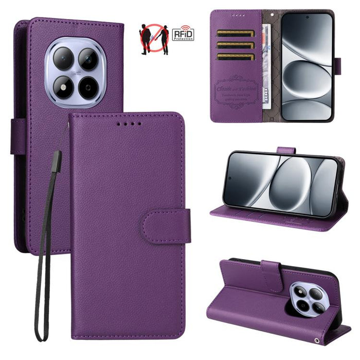 Funda de cuero para teléfono con forma de cartera de 3 tarjetas con bloqueo RFID y textura de lichi, For Redmi 15a 5G, For Redmi Turbo 5 Max 5G / Poco X8 Pro Max 5G, For Redmi Turbo 5 5G / Poco X8 Pro 5G, For Redmi Note 15 Pro+ 5G Global 163.3mm       ...