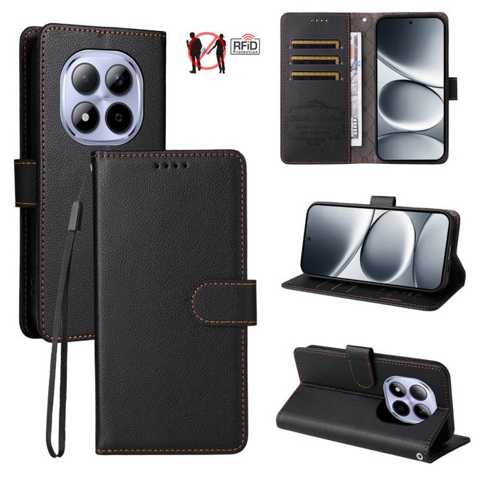 Funda de cuero para teléfono con forma de cartera de 3 tarjetas con bloqueo RFID y textura de lichi, For Redmi 15a 5G, For Redmi Turbo 5 Max 5G / Poco X8 Pro Max 5G, For Redmi Turbo 5 5G / Poco X8 Pro 5G, For Redmi Note 15 Pro+ 5G Global 163.3mm       ...