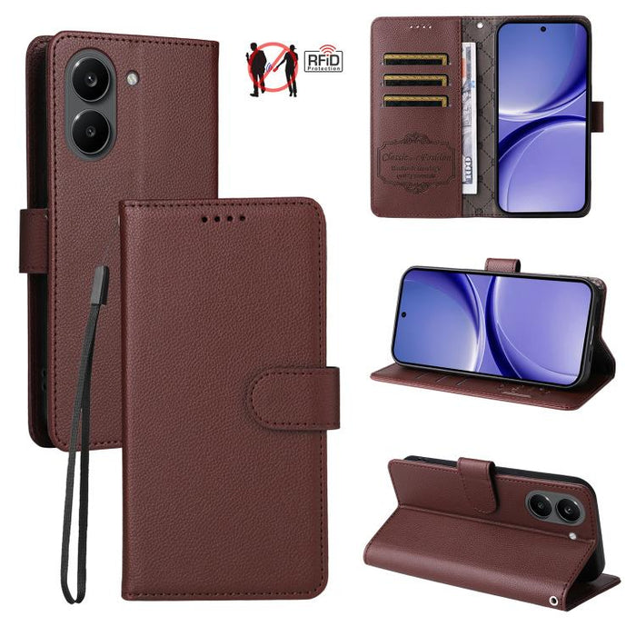 Funda de cuero para teléfono con forma de cartera de 3 tarjetas con bloqueo RFID y textura de lichi, For Redmi 15a 5G, For Redmi Turbo 5 Max 5G / Poco X8 Pro Max 5G, For Redmi Turbo 5 5G / Poco X8 Pro 5G, For Redmi Note 15 Pro+ 5G Global 163.3mm       ...