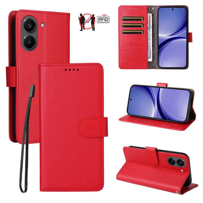 Funda de cuero para teléfono con forma de cartera de 3 tarjetas con bloqueo RFID y textura de lichi, For Redmi 15a 5G, For Redmi Turbo 5 Max 5G / Poco X8 Pro Max 5G, For Redmi Turbo 5 5G / Poco X8 Pro 5G, For Redmi Note 15 Pro+ 5G Global 163.3mm       ...